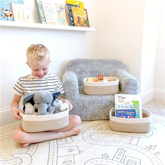 Cotton Rope Storage Baskets Set of 3 Small Woven Organizer Bins for Shelves - Picture 4 of 7